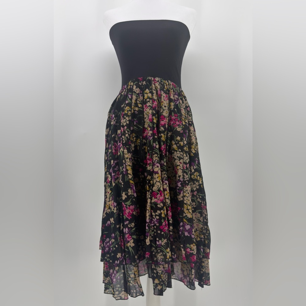 Lapis Strapless Floral Chiffon Midi Dress‎ Black Romantic Cottagecore S